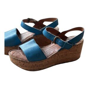 Born Blue Leather Cork Wedge Sandals Women’s 7 / EU 38